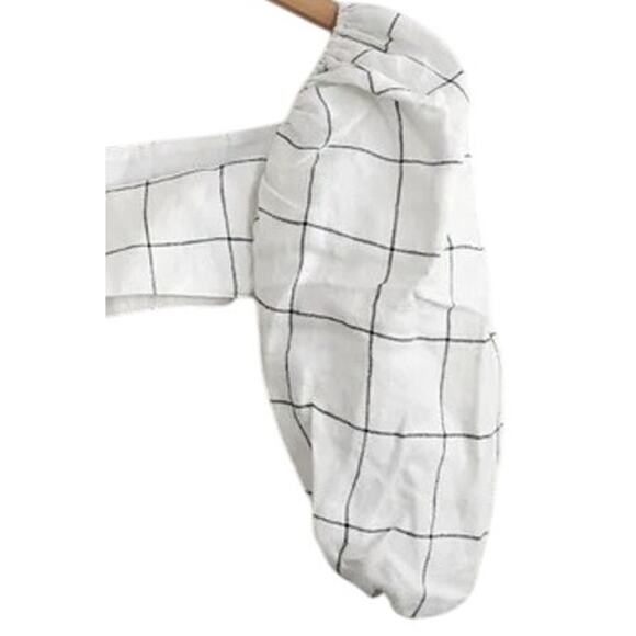 NWT Rumer Quinn Plaid 3/4 Puff Sleeves Linen Crop Top Back Clasp Closure M Ivory - Picture 7 of 15